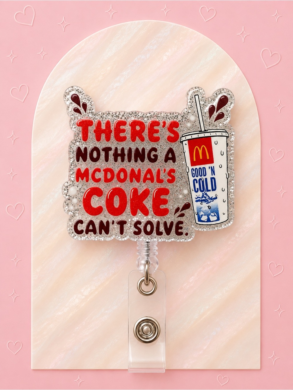 McDonald's Red, Silver Glitter & Blue Coke Badge Reel